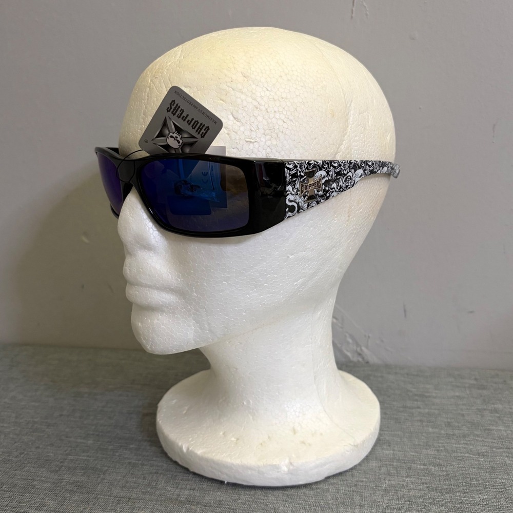Choppers Sunglasses Mens OS Black Blue Mirror 6775-BLU Skull Rose Y2K Biker Wrap